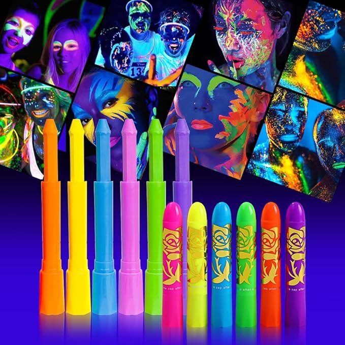 Neon Face Paint Sticks,Glow Face Body Paint,Glow In The Dark Under UV Black Light for Party Cosplay Halloween(6 Neon Color)