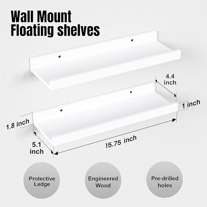 RICHER HOUSE 8 Set Floating Wall Mounted Shelves, Nursery Hanging Book Shelves with Lip for Storage, White Display Picture Ledge Shelf for Bedroom Bathroom Kitchen Living Room Wall Decor, Modern White | Display Picture Ledge Shelf, Anti-drop lip Shelf ...