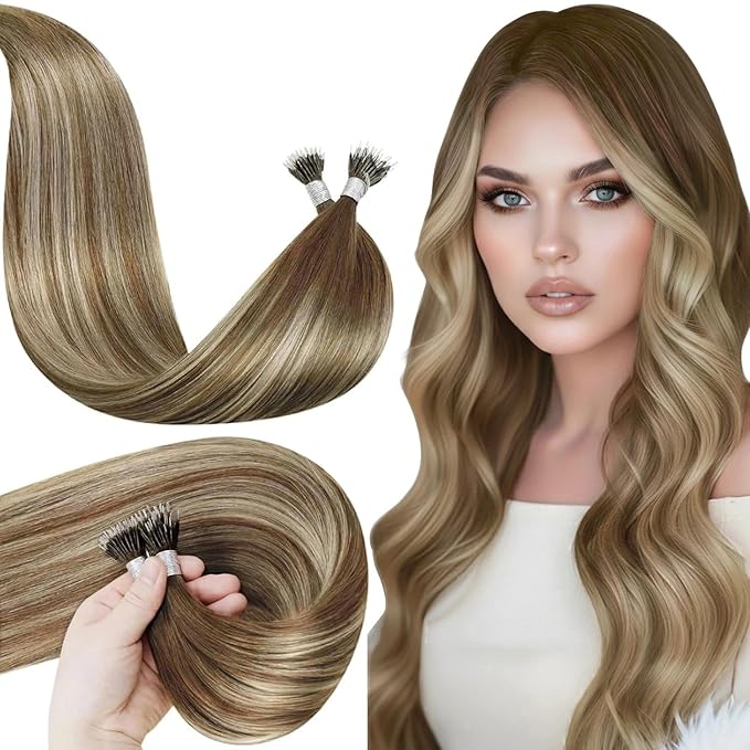 LaaVoo Nano Bead Hair Extensions Human Hair Brown Nano Hair Extension Human Hair 18 inch Balayage Dark Brown to Light Brown and Blonde 50g/50s