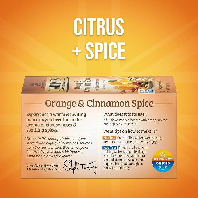 Twinings Orange & Cinnamon Spice Herbal Tea Individually Wrapped Bags, 20 Count (Pack of 2), Naturally Caffeine-Free, Enjoy Hot or Iced, 20 Teabags