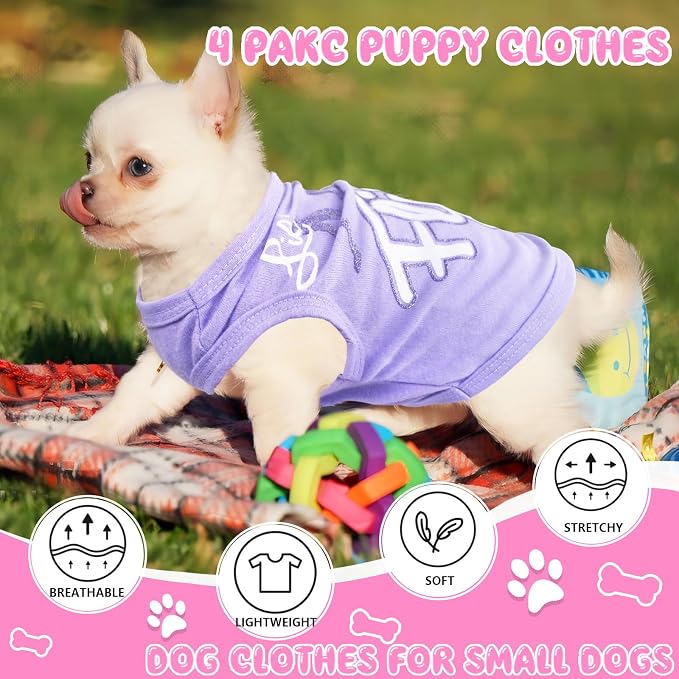 4 Pieces Dog Clothes for Small Dogs Girl Summer Soft Puppy Clothes Cute Chihuahua Teacup Female Dog Shirts Breathable Pet Clothing Pink Girl (Medium)