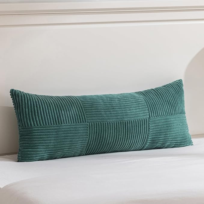 Fancy Homi Set of 1 Teal Boho Long Lumbar Body Decorative Throw Pillow Cover 21x54 Inch for Bed Couch Bedroom Bench, Soft Patchwork Corduroy Textured Pillow Case, Rustic Farmhouse Room Decor