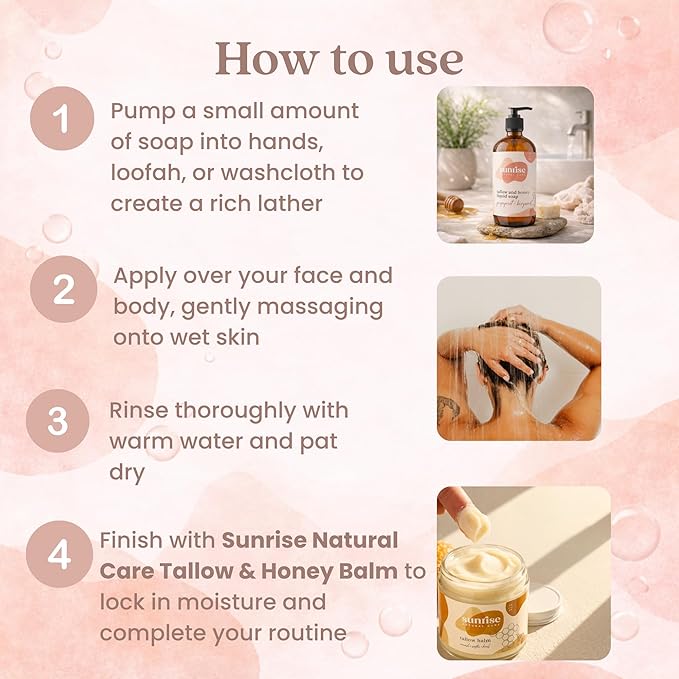 Tallow & Honey Liquid Soap – Grapefruit + Bergamot – Natural Face, Body & Hand Wash – Grass-Fed Beef Tallow Cleanser – Gentle Moisturizing Soap – 16 oz