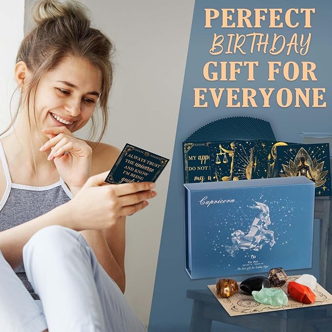 Faivykyd Capricorn Crystals Gifts - 6 Capricorn Zodiac Stones w/50 Miracle Mantras Affirmations Cards, Spiritual Gifts for Positive Energy, Self-Love & Wealth
