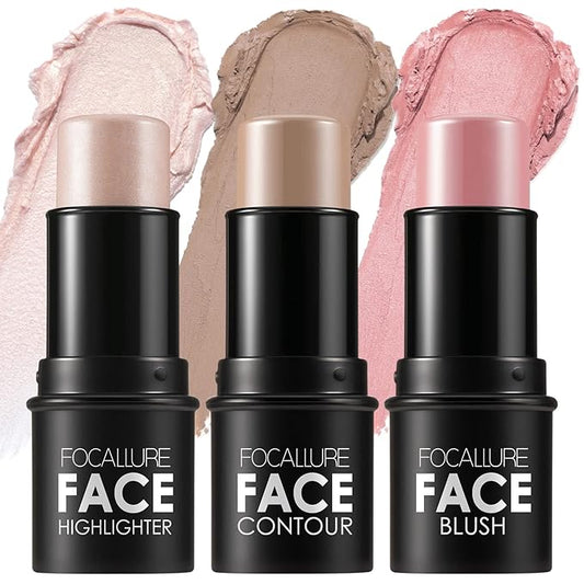 FOCALLURE 3PCS Cream Contour Stick - Highlighter Bronzer Blush Set for Face Sculpting, Non-Greasy Longwear Makeup, Easy to Blend with Natural Matte Finish,SET 1