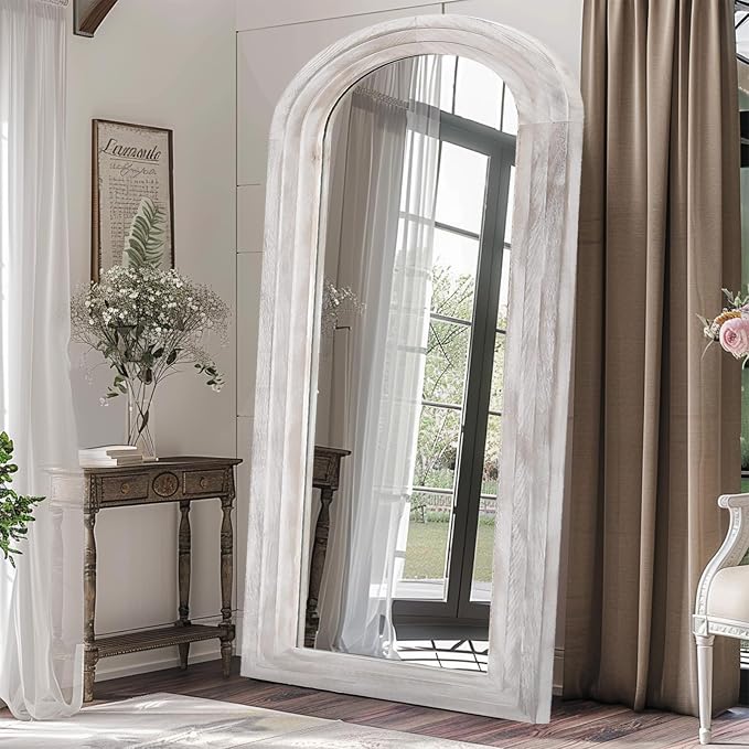 ZHUNFA Arched Full Length Mirror with Solid Wood Frame | 71x32 Farmhouse Wall Mirror Full Length with Stand, Vertical Hanging, Leaning Standing for Bedroom, Living Room, Rustic White