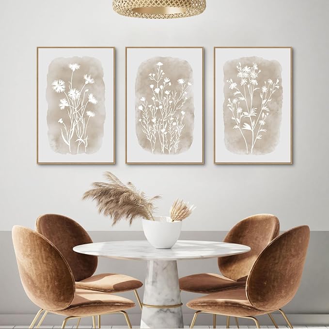 SAFERRYHOME Neutral Wildflower Beige Botanical Wall Art,3 Panels, 24x36 Inch