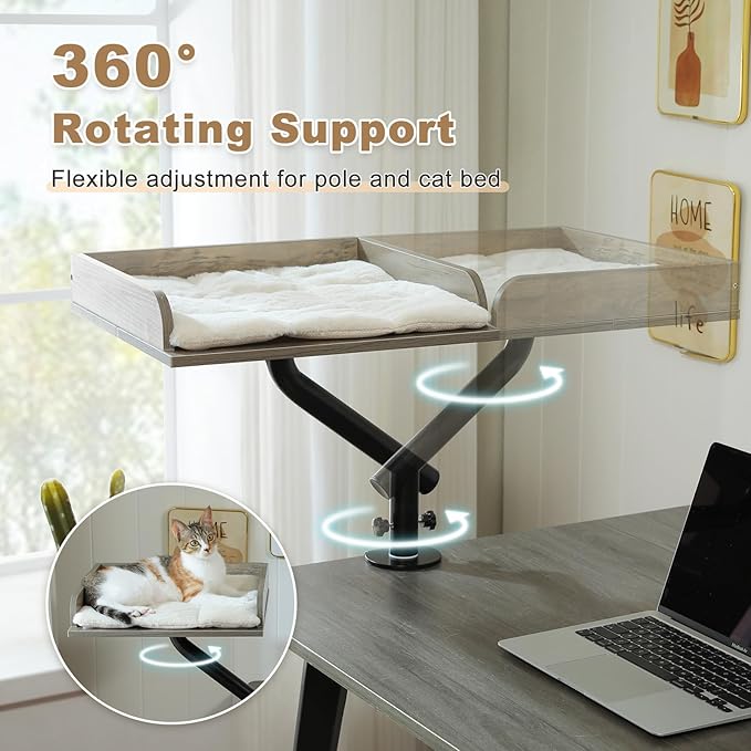 PAWZ Road Cat Desk Bed 360°Rotating Supports to 50 Lbs Cozy Nest for Desk | Wooden Desk Mount Cat Bed with Sturdy Clamp – Fits Desks & Tables, Padded Soft Nest for Cats, Holds Up to 50 lbs