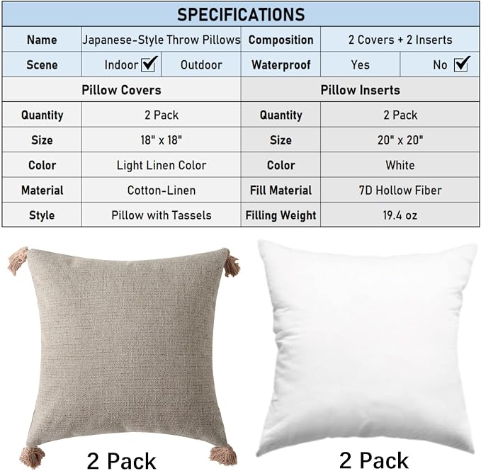 Decorative Throw Pillow with Tassels, 18x18 Farmhouse Pillows with Inserts, Square Boho Pillow for Couch, Patio, Bed, Sofa Decor (Light Linen, 18" x 18"(Pack of 2))