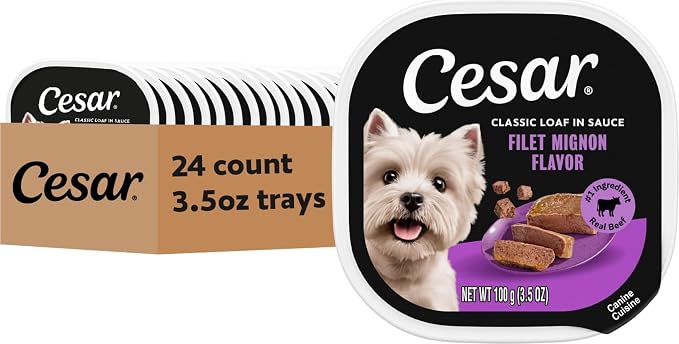 Cesar Classic Loaf in Sauce Wet Dog Food, Filet Mignon, 3.5 oz, 24 Count | Made in USA, Real beef #1 ingredient, no fillers/added sugar/artificial flavors, use as meal or topper, easy peel trays