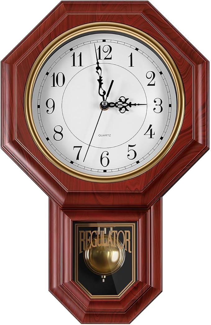 Pendulum Wall Clock,Imitation Wood Plastic Regulator Wall Clocks,Red | Battery Operated,Non-Ticking,Retro Wall Decor Gift,Easy to Read,For Living Room,Dining Room,Schoolhouse,Farmhouse