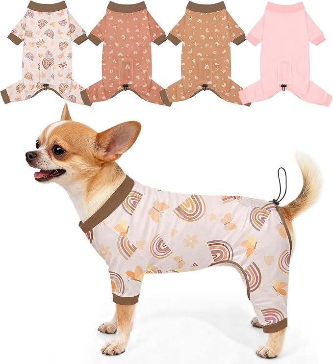 Bienbee Dog Pajamas, 4 Pack Adjustable Onesies for Small to Large Dogs S | Dog Shedding Suit with Soft Fabric, Breathable & Stretchy, and Adjustable Back Length for Sleeping Lounging and Daily Use