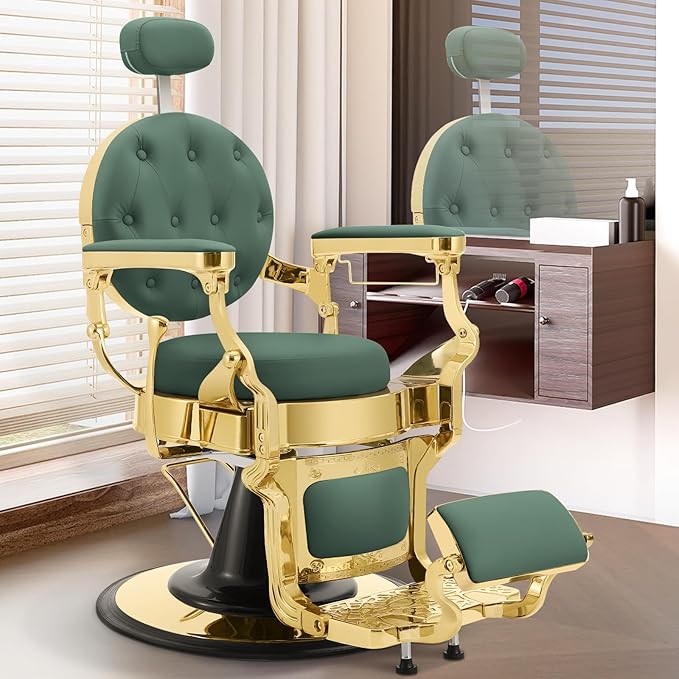 Barber Chair for Barbershop, Heavy Duty Recline Hair Salon Styling Chair with Removable Headrest, Professional Salon Beauty Spa Shampoo Equipment, Green Gold