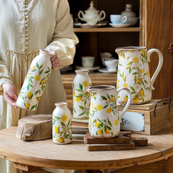 Teweiqi Vintage Vase Set of 3, Ceramic Flower Vases Decor, Rustic Farmhouse Vases Retro Decorative Vases, for Home Living Room Kitchen Table Mantle Shelf Decor - Lemon