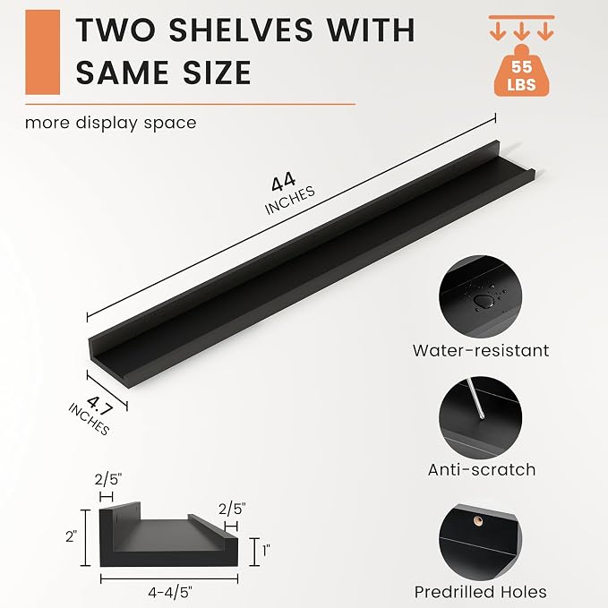 Picture Ledge Shelf, Floating Shelves for Wall, 44" W Set of 2, Black | FSC Certified Engineered Wood, Wall Mounted Bookshelf, for Nursery Living Room Bedroom, Pre-Drilled, Easy Install