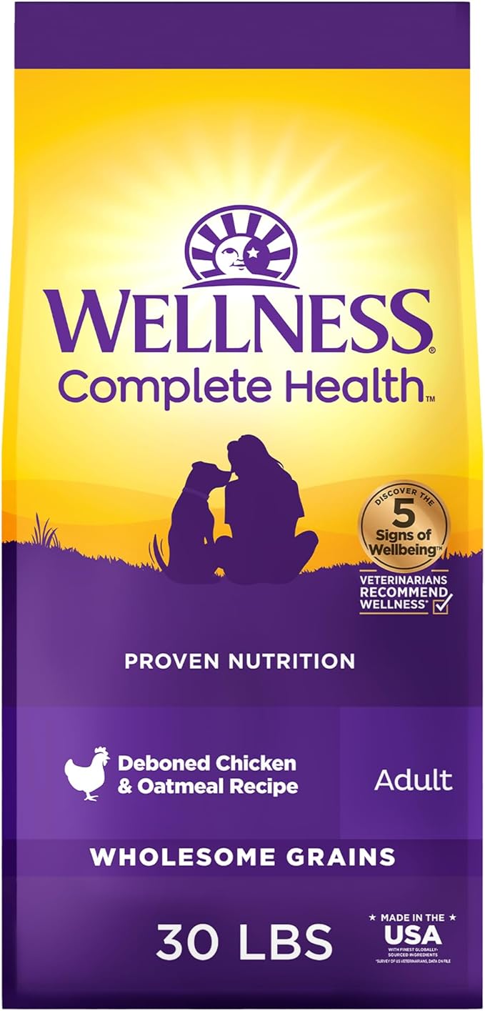 Wellness Complete Health Adult Dry Dog Food, Wholesome Grain Kibble, Natural, Chicken and Oatmeal Recipe, 30 lb Bag