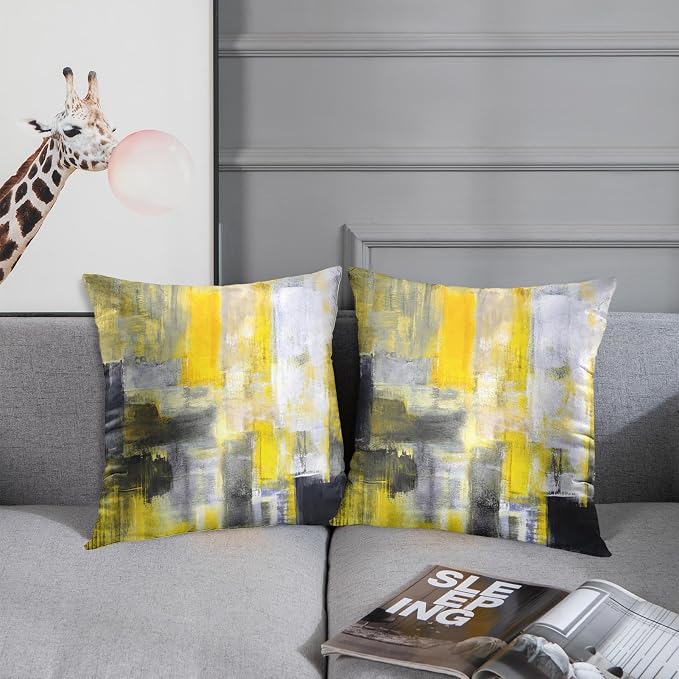 Emvency Throw Pillow Covers Set of 2, 16 x 16 Inch, Yellow White and Black | Modern Abstract Painting Outdoor Decorative Square Pillow Cases Couch Cushion Case for Couch Bed Sofa Living Room Home Decor