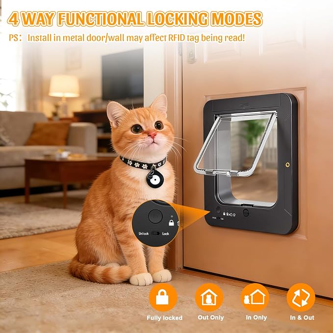 Smart Cat Door with 4 Collar Sensor Key, RFID Electronic Cat Door Collar Activated with Remote Control, 4 Way Locking Cat Flap Automatic Pet Door Interior & Exterior