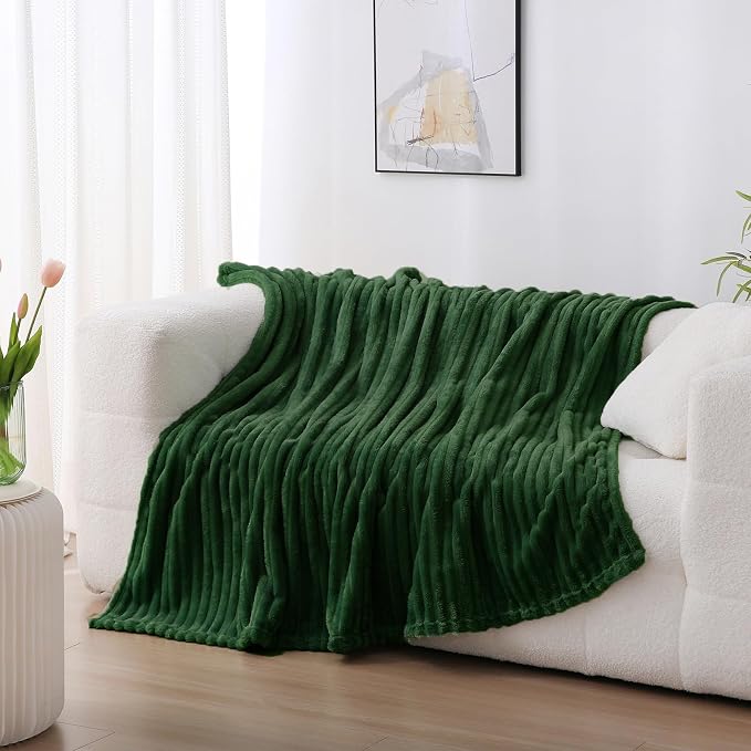 Green Fleece Throw Blanket 90”×90” for Couch Sofa Livingroom | Super Soft Cozy Plush Microfiber Flannel Bed Blanket Striped Design Lightweight Home Decor Gifts for Adults Mom Women