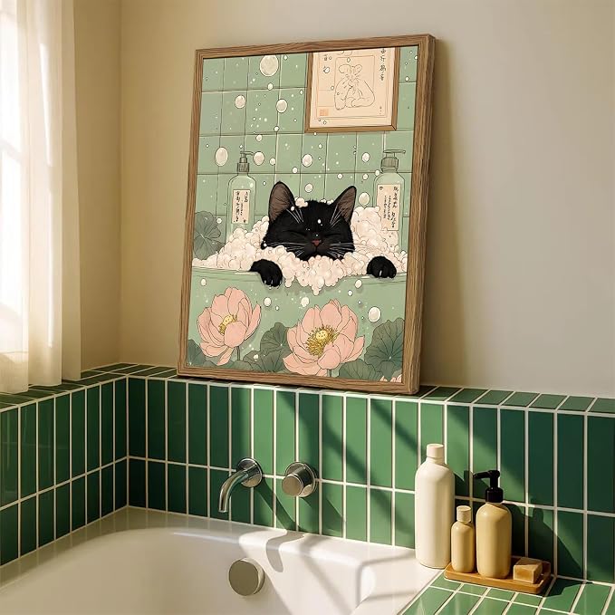 Funny Japanese Black Cat Bathroom Wall Art, Cute Black Cat in Bathtub Wall Decor Picture, Whimsical Japan Animal Bathroom Poster Canvas Prints Painting Artwork 12x16 inch Framed