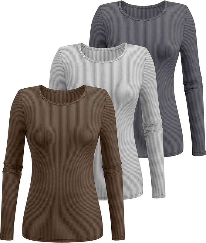 Ficerd 3 Pack Women's Ribbed Long Sleeve Tops, Crew Neck Slim Fit Undershirts Knit Basic Casual Stretch Layering Tee Shirts