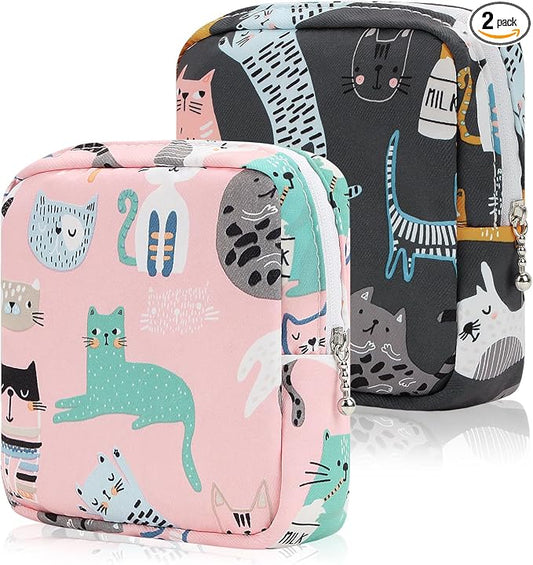Period Bag Sanitary Napkin Storage Bag for Feminine Pads Panty Liners Tampons and Reusable Pads, Sanitary Pads Pouches First Period Kit for Teen Girls/Women 2 Pack (Pink/Grey Cat)
