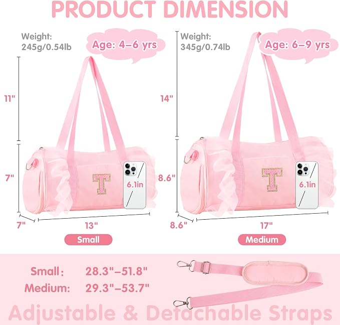 Personalized Initial Dance Bag for Girls 4-6, Small Lace Gym Sport Yoga Cheer Dance Bags Gift for Teen Girls, Cute Letter Kids Ballet Bag Toddler Travel Duffel Tote with Adjustable Straps(Pink-T)