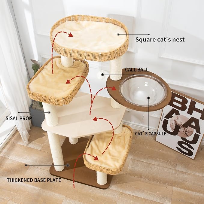 SHODMI 51-Inch Woven Cat Tree Tower for Large Cats with Clear Capsule Bed | 8 cm thick sisal scratching posts, plush & cooling mats, 3 hand-woven basket beds, sturdy multilevel spaces to climb and rest