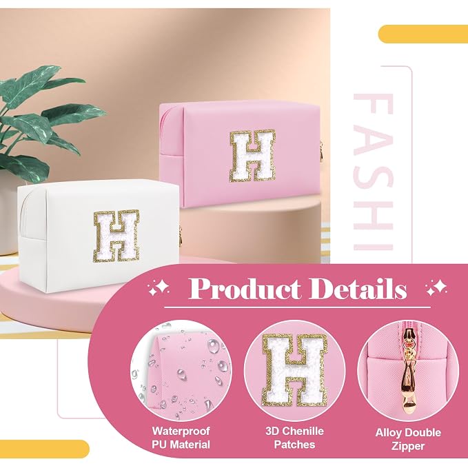 Personalized Initial A-Z Preppy Patch Makeup Bag,Small PU Chenille Letter Cosmetic Bag with Zipper for Teen Girls,Pink Cute Toiletry Organizer Bag,Monogram Makeup Case Gift for Women Girls,Letter H