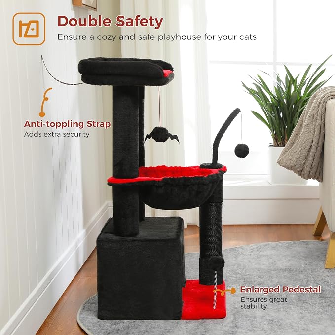 PEQULTI 4-in-1 Gothic Cat Tree for Kittens & Small Cats, 33in Black Tower | Compact 33in cat tower: deep hammock, cozy condo, top perch, sisal post; removable washable cover; wide base for small cats