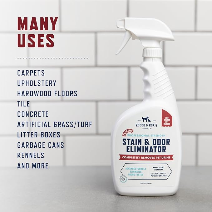 Rocco & Roxie Extreme Enzyme Stain & Odor Eliminator Spray | Bio-enzymatic + mineral formula; Meyer lemon scent; for carpets, bedding, litter boxes, crates, cars & laundry; made in USA