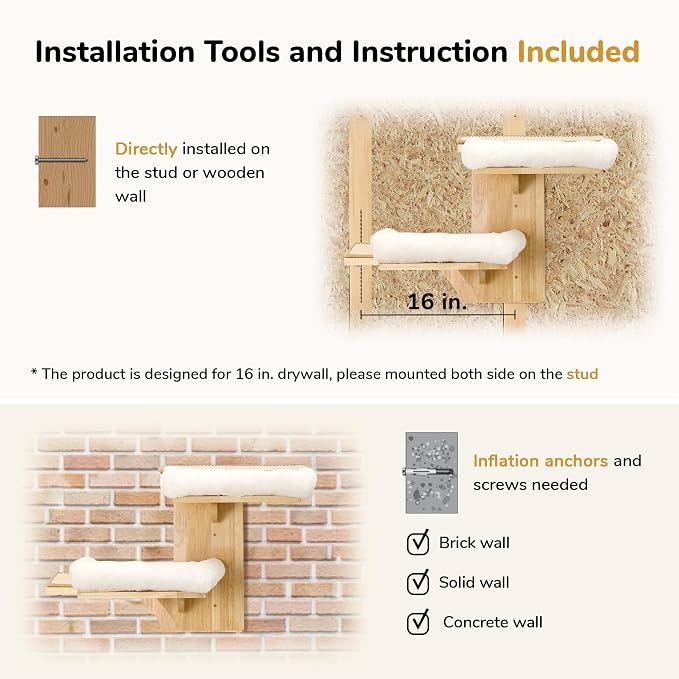FUKUMARU Cat Wall Shelves, 2 Platform with Soft Cushion Perch | Floating Shelf Kitten Furniture, Solid Rubber Wood Cats Perch For 16 Inch Drywall, Suitable for Climb, Play, Nap