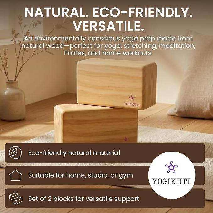 Yogikuti Solid Wooden Yoga Blocks Set of 2 | Premium Pine Wood Iyengar Yoga Blocks | Solid, Durable & Smooth Rounded Edges | Wooden Yoga Props for Stretching, Balance, Alignment & Home Studio Practice