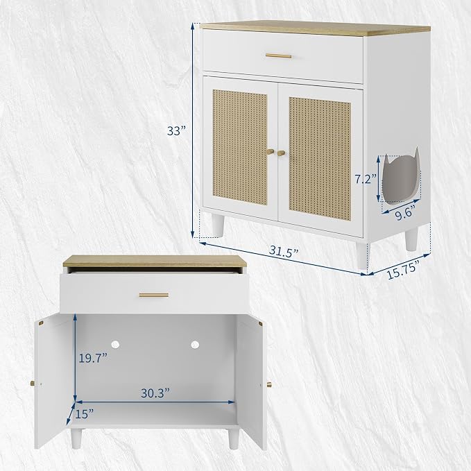 Cat Litter Box Enclosure, Wood Cats Litter Box with 2 Doors, Hidden Pet Storage Cabinet Furniture with Scratching Pad, Modern Cat Cabinet for Living Room, Entryway, White