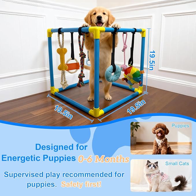 Puppy Play Gym with 8 Hanging Toys, Indoor Jungle Gym for Small Dogs