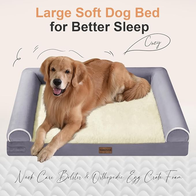 Orthopedic Dog Bed for X-Large Dogs, 40 x 32 Inch, Purple | Egg crate foam for joint support, 3-sided bolster pet sofa, waterproof lining, washable cover, and non-skid base