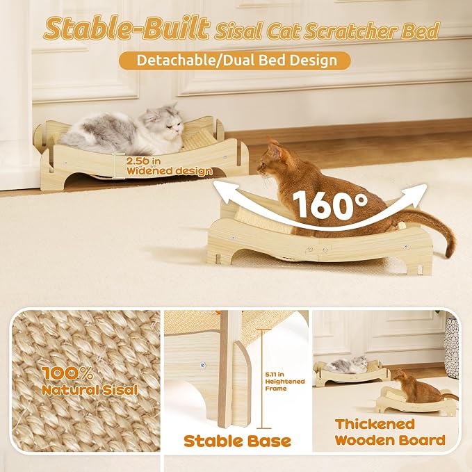 Sisal Cat Scratcher Bed for Indoor Cats, Wooden Cat Furniture | Cat Bunk Bed Natural Sisal Scratch Post for Cats Lounge,Horizontal Cat Scratcher Board to Protect Furniture(Two-Tier)