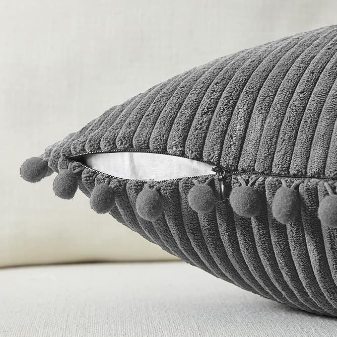 Fancy Homi Set of 2 Dark Gray Decorative Throw Pillow Covers 14x14 Inch with Pom-poms for Couch Bed Sofa, Modern Farmhouse Boho Home Decor, Soft Plush Corduroy Cute Cushion Case 35x35 cm