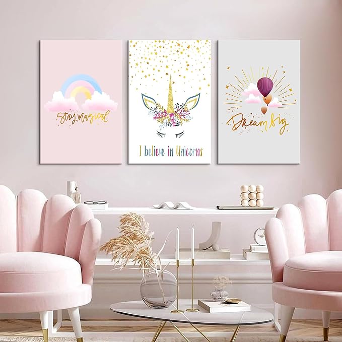 Colorful Unicorn Wall Art for Girls Bedroom Pink Unicorn Poster Pictures 3 pcs Motivational Rainbow Hot Air Balloon Cartoon Unicorns Paintings for Teen Girl Women Nursery Bathroom Decor 16"x24"