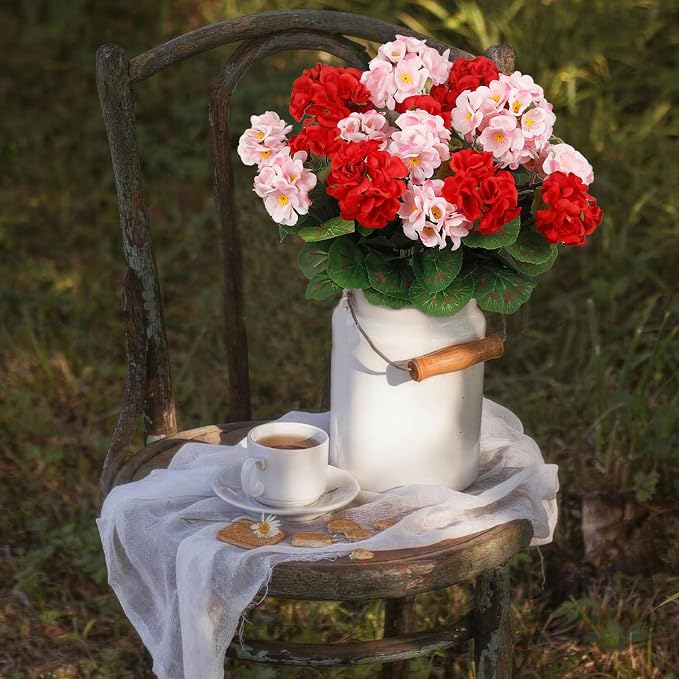 CISDUEO 4 Pcs Artificial Geranium Outdoors Silk Flowers Outside Red Pink | UV Resistant Fake Geraniums Bush Faux Flowers for Planter Outdoor Decor Indoor Garden Patio Table Centerpiece