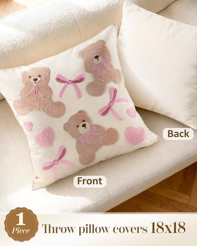 Animal Embroidered Throw Pillow Cover 18x18 Inch, Cute Bears | Decorative Pillow Cover, Farmhouse Cushion Cases with Hidden Zipper, Cottagecore Decor for Couch, Sofa, Living Room