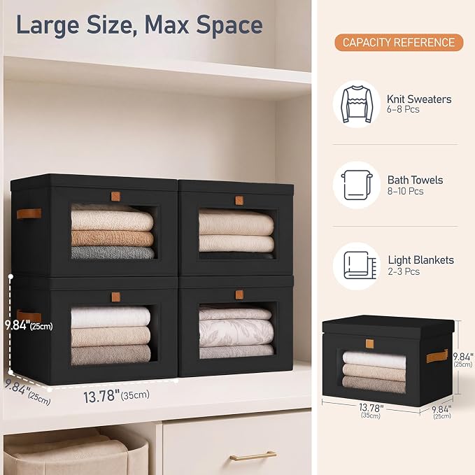 DIMJ Storage Bins with Lids - 5 Pack Large Fabric Closet Organizer with Window & Handles, Collapsible Decorative Storage Boxes for Shelves Under Bed, Books Clothes Blankets Sweaters Organization