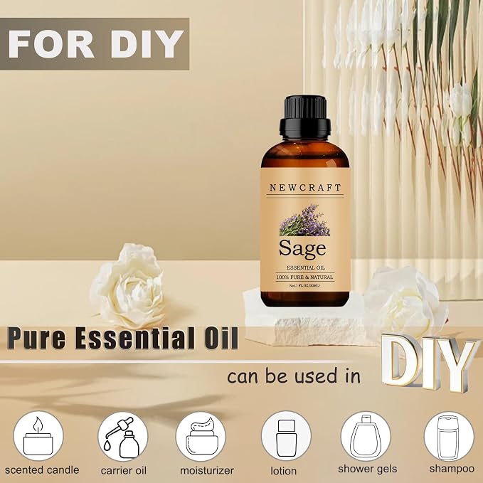 Sage Essential Oils, 100% Pure and Natural Essential Oil for Aromatherapy Diffuser - Sage/1 Fl Oz