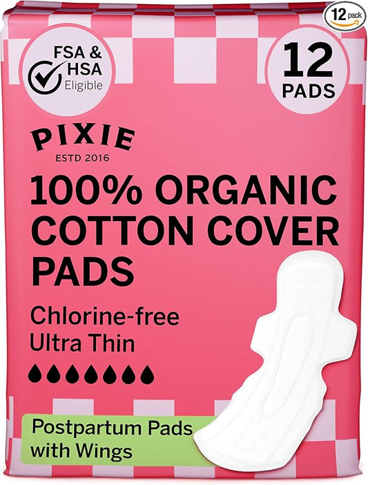 Pixie Organic Cotton Ultra Thin Postpartum Pads for Women - Extra Heavy Absorbency with Wings - Leak-Proof, Hypoallergenic & Unscented for Feminine Care - Compostable, Biodegradable - 12 Count