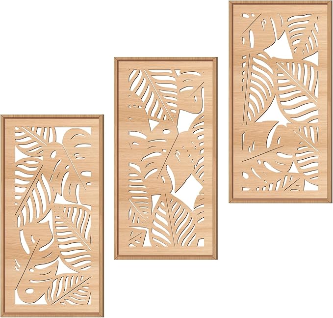 IARTTOP Tropical leaf Wood Wall Decor Framed Palm Monstera Leaves Wooden Wall Art Coastal Hawaii Art decor 7.87x15.75 Inch Set of 3 for Living room Bedroom Office