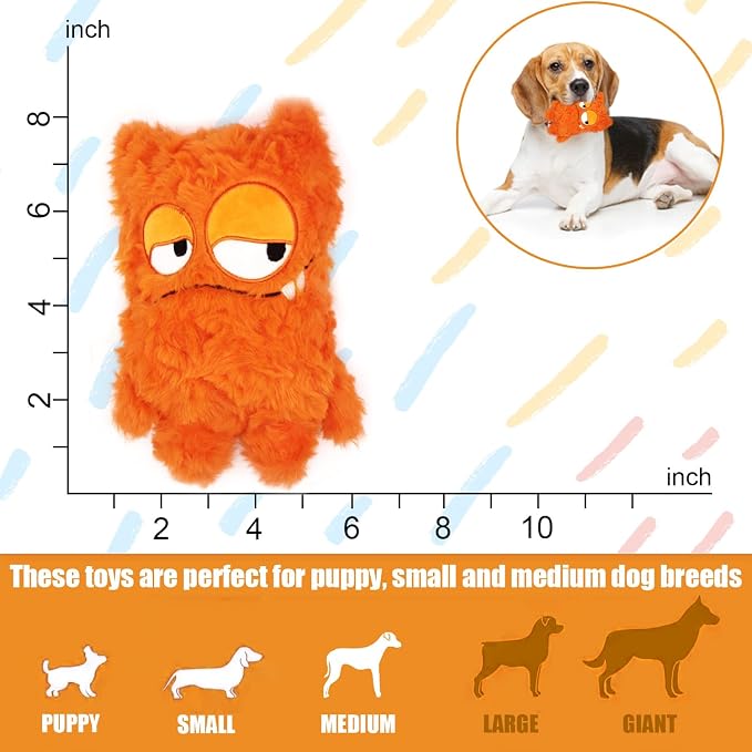 Monster Stuffed Squeaky Dog Toy, Crinkle Dog Plush Toy, Orange | Soft Lightweight Toy for Fetch and Chew, Interactive Outdoor Indoor Play for Tug, Birthday Gift, For Puppy Small Medium Dog