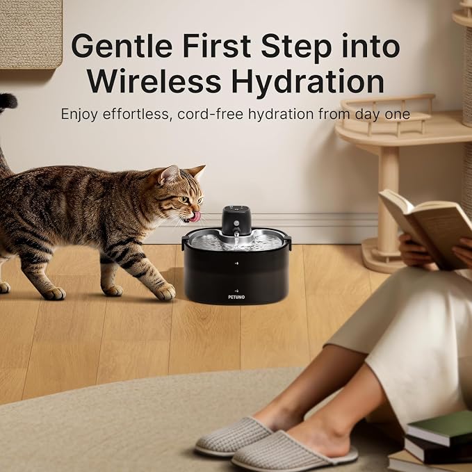 Cordless Cat Water Fountain, 78oz/2.3L, Battery Operated, Silver | Stainless Steel Tray, Rechargeable 4000mAh, Wireless, Motion Sensor, Ultra-Quiet Pump, Locking Lid, Automatic Fountain