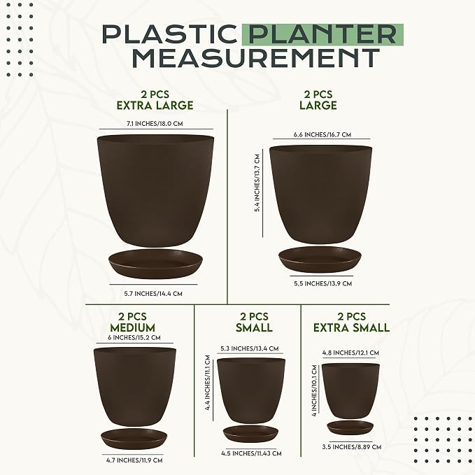 Plant Pots Indoor with Drainage, 10 Pack Multi-Size Planters Set, Brown | Drainage holes included Multiple sizes 7/6.6/6/5.3/4.8 In Indoor plants and flowers Durable plastic construction