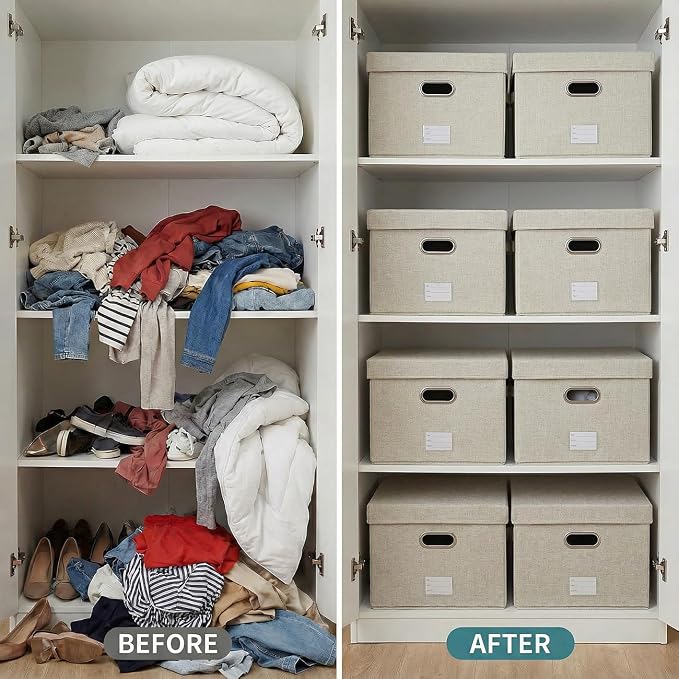 Storage Bins with Lids [3-Pack] Linen Fabric Foldable Storage Boxes Organizer Containers Baskets Cube with Cover for Bedroom Closet Office Beige (23.4X15.9X11.4)