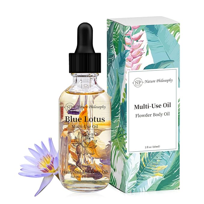 Blue Lotus Multi-Use Body Oil for Face, Hair & Skin – Lightweight Botanical Oil with Jojoba & Camellia Seed Oil, Hydrating Plant Fragrant Oil for Dry Skin, Scalp & Nails – 2 Fl Oz (60ml)